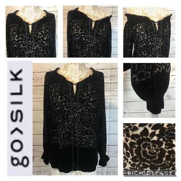 NWT Go Silk velvet floral sheer tasseled top, smocked, ruffled collar size small - Picture 4 of 12